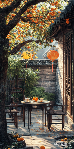 江南古老的院子，院子中间一张桌子，椅子，桌上有茶，黄柑成熟了，屋檐下挂着精致漂亮的八角灯笼，高清摄影，意境美，中国风风格，超高清画质
