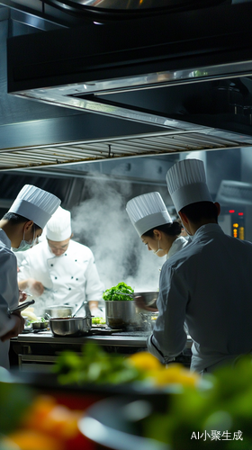 在一个现代大饭店的厨房里，厨师们在热火朝天的工作着