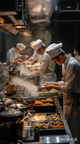在一个现代大饭店的厨房里，厨师们在热火朝天的工作着