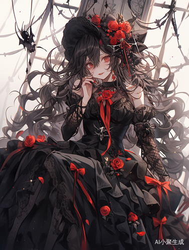 一个黑色衣裙的少女，恶魔，魔鬼，骷髅，凌乱的黑色长卷发，红玫瑰，细节刻画，哥特暗黑风格，黑色羽毛飘落，蜘蛛网，蜘蛛，蝙蝠