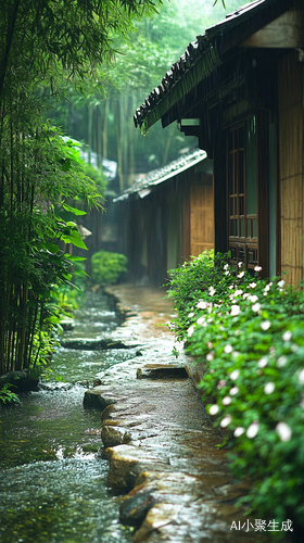 精致的木屋，庭院，竹林，溪水潺潺，石头缝隙的水缓缓流淌，绿意盎然，凉爽，绿色背景，精致细节，治愈，意境，高清摄影还有满地牵牛花