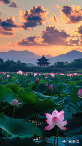 摄影图，天空有七色彩云，地上盛开着莲花