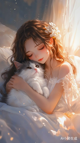 夜晚的卧室沉浸在柔和的灯光与宁静的氛围中，一位美丽的女孩静静地坐在床边，怀抱着一只毛茸茸的猫咪。她拥有柔顺的棕色长卷发，微微垂落在肩头，深邃的黑眼珠映照着微光，闪烁着温暖而宁静的光辉。她身穿白色蕾丝连衣裙，细腻的花纹在柔和的光线下展现出优雅而梦幻的气息。怀中的猫咪安静地蜷缩在她的怀里，轻轻闭着眼睛，偶尔发出低低的呼噜声，为这静谧的夜晚增添一抹温馨。窗外的夜色深邃而静谧，而室内则沉浸在温暖的宁静之中，空气中弥漫着淡淡的暖意，使这一刻充满柔和与诗意。