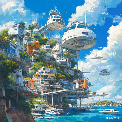 碧蓝晴空白云下的热带小岛,小岛建筑是鸟山明画风的未来科幻朋克,线条柔和,建筑色彩鲜艳,街道有人活动,海边码头停放着科技感椭圆形水翼艇,画面整体亮度柔和,俯瞰视角,高清