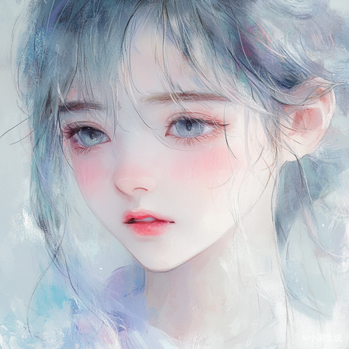 动漫Q版风格，水彩绘制，妖冶少女冷白皮肤，冷峻，冷酷，忧郁，颗粒感，丹凤眼，垂眸，慵懒，极致细节，极致厚涂，琉璃质感，流线笔刷，彩虹色头发和灰色眼睛，杂乱头发，异世界学者衣服，柔光，流体质感，梦幻，朦胧，低饱和度，头部局部特写