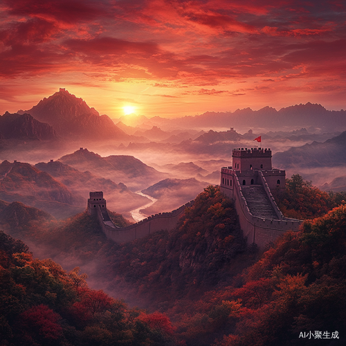 万里江山，旭日东升，染红天边，云雾缭绕，风光旖旎，万里长城，宏伟壮观，秋天景观，五彩缤纷，画质清晰高清8k，大师级作品，，