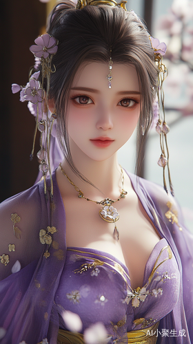 紫色长裙现代神女在花海中的完美全身照