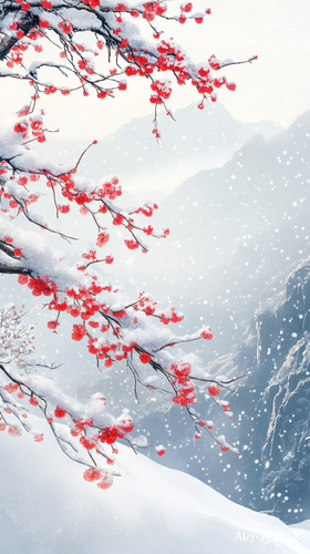 雪落梅枝的冬日盛景诗意高清画作