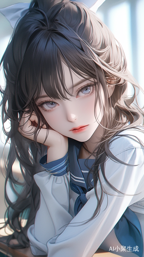 精致妆容的可爱少女身穿蓝白校服坐在教室里