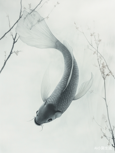 Chinese Aesthetic Ink Painting and Embroidery with Dynamic Fish and Minimalist Composition