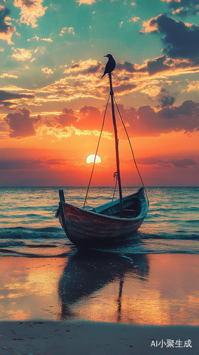 电影感,夕阳西下,海边沙滩,一搜小船搁浅在沙滩,一只小鸟停在船桅杆上,