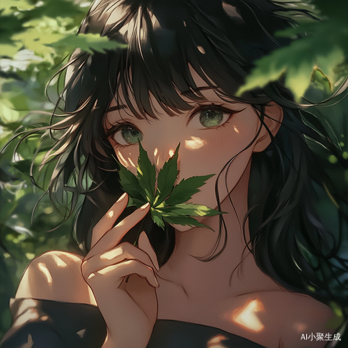 动漫女孩,一只手,食指和中指夹着一片绿叶,挡脸,风,