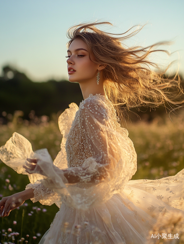A young woman with soft, wavy hair running through a blooming wildflower meadow at golden hour, wearing a voluminous sheer tulle gown with intricate lace detailing and romantic embroidery, the gown billowing as she moves, ethereal atmosphere, warm pastel skies in the background, cinematic motion blur on the fabric and flora, ambient natural lighting, soft bokeh effect, painterly color grading, fine art fashion photography style, inspired by Vogue Italia and Peter Lindbergh, 85mm lens look, ultra-realistic,