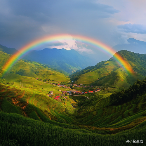 帮我生成一图,在一个漂亮的小山村,雨过天晴,在两座绿色的小山之间,架起了一座,具有红橙黄绿蓝靛紫的彩虹,漂亮极了,高清画质摄影风格,写实风格,突出主题是彩虹,