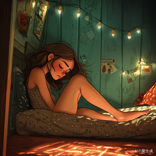 卡通女生，穿着睡衣，躺在角落里，