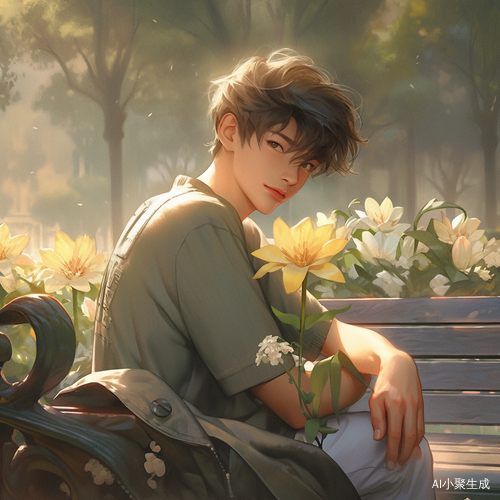 小男孩手握花束在公园长椅旁的期待与诚实