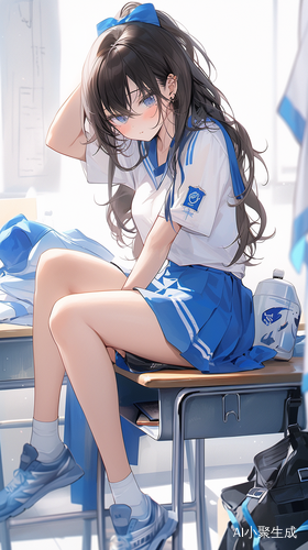 精致妆容的可爱少女穿着蓝白运动校服坐在教室里