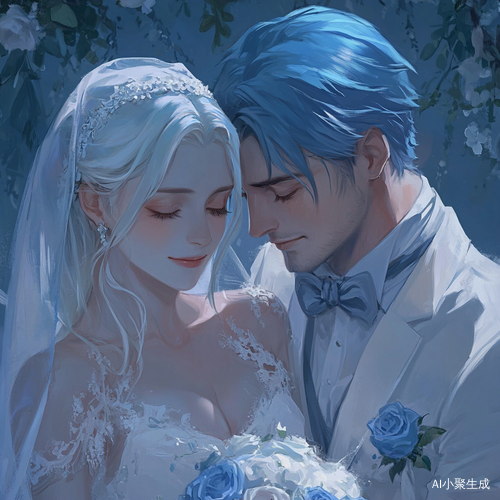 冬季婚宴厅蓝色玫瑰花与白色婚纱的浪漫场景