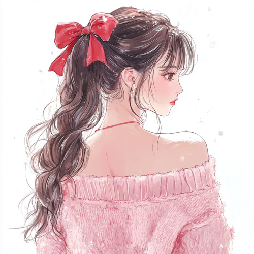 手绘插画粉色毛衣背影中国女孩与红色蝴蝶结