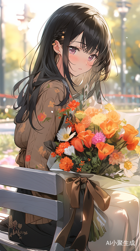 公园长椅旁女孩期待的表情与手中花束