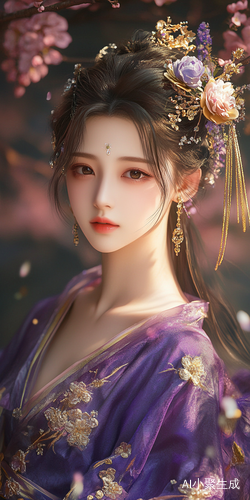 紫色长裙神女美女在花海中的优雅瞬间