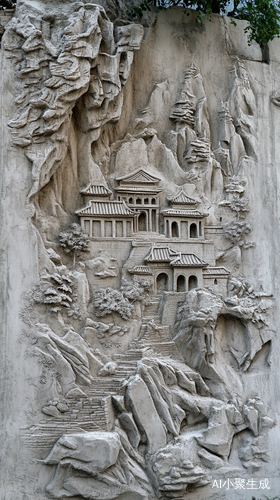 晴天艺术中心外广场巨大水泥浮雕壁画展示古村城堡