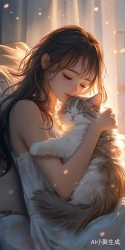 夜晚卧室里的美丽女孩与温馨猫咪的诗意瞬间