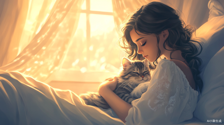 夜晚卧室里的美丽女孩与温馨猫咪的诗意瞬间
