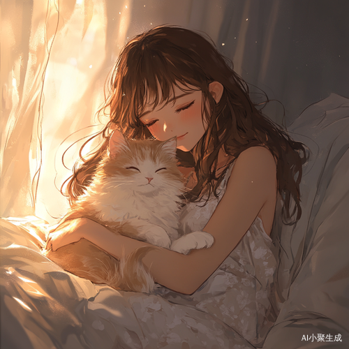 夜晚卧室中的温馨女孩与毛茸茸的猫咪