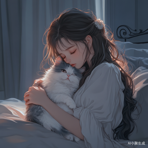 夜晚卧室中的温馨女孩与毛茸茸的猫咪