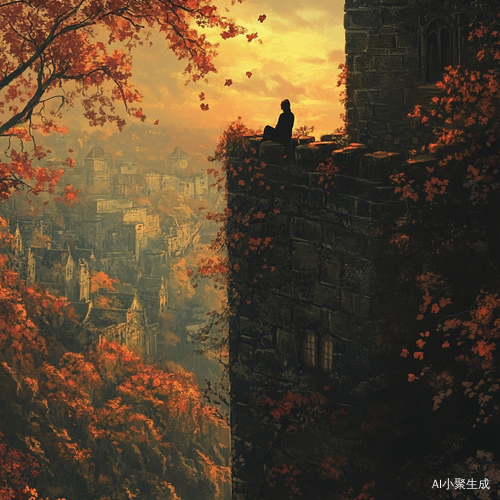 秋天落日峡谷中的孤独身影