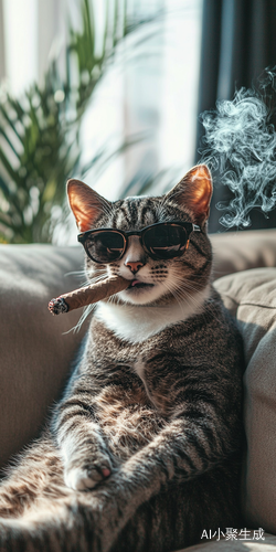 猫咪戴墨镜坐沙发抽雪茄的休闲时光