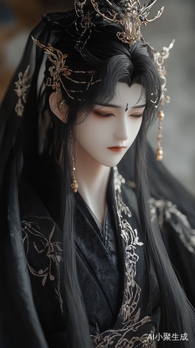 伪厚涂，半身镜头，面部大特写，魔幻古风，魔尊，BJD，男，深黑色古装汉服，刺绣鎏金黑色恶魔大袖衫，黑色长发及腰，化妆，精美绝伦的五官，皮肤白皙光滑细腻，黑色眼线，黑色眼影，泪痣，灰色剑眉，腹黑，五指白皙修长，皮肤光滑如瓷，美男，风流，手持黑色仙剑。漫画风格，漫画线条加粗，高对比度线条，线稿优先，清晰轮廓，硬边线条，手绘线稿质感，凌乱线条，复古网点，黑色描边，强轮廓线，尖锐线条，装饰性线条：添加花纹、纹路等细节线条（如服饰褶皱、道具纹理） UHD，电影感，电影般的，超高分辨率，最高细节，最高质量，深景深，64K，超高清画质。左侧身视图和正视图