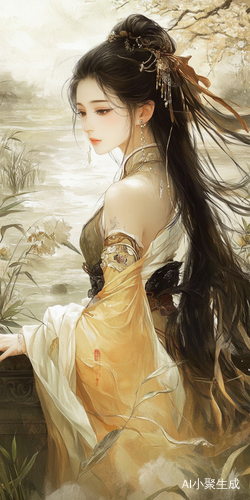 一个女生，碧城水芯搭配风，阳台，植物，小溪，裙子，披发，手链，侧脸，精致的五官，春天