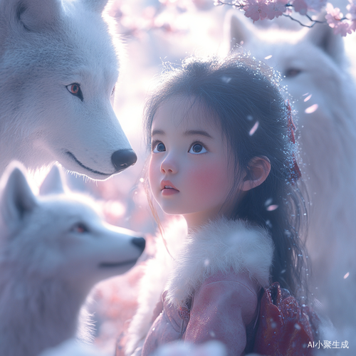 图宫崎骏风格，一个勇敢的小女孩历尽艰辛万苦寻找梅花救治母亲。女孩独自一人来到神秘的森林。夸张的比例表现、柔和的光线效果、背景虚化突出主体互动。超高清，超细节，镜头聚焦在雪狼守护梅花的场景和小女孩昂首挺胸勇敢的面对