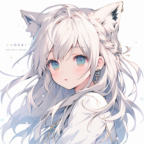 女，白色长发，猫耳，蓝色瞳孔，睡衣