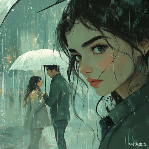 底图颜色偏绿色和白色混合图上是下雨天，女主打着伞，看着男主和他的女朋友在淋雨女主在他俩背后
