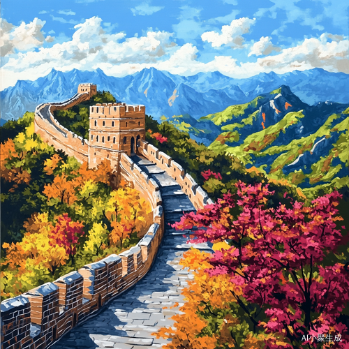 做一个长城图片，有蓝蓝天空，有山有树，色彩鲜艳漂亮