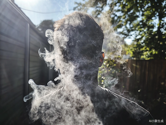 请你画一张及其平凡无奇的iPhone自拍照，没有明确的主体或者构图感——就像是随手一拍的快照。照片略带运动模糊，阳光不均导致轻微曝光过度。角度尴尬，构图混乱，整体呈现出一种刻意的平庸感——就像是从口袋里拿手机时不小心拍到的一张自拍。主角是一个幽灵在户外抽烟。