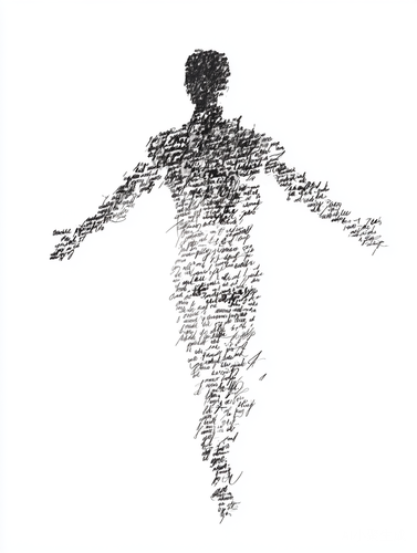 a human silhouette made of handwrittenquotes and phrases, white minimalisticbackground, artistic calligraphy blending intothe body shape, poetic atmosphere, floatingletters and lines forming a person, lots ofspace for additional text ar 3:4 raw v 7