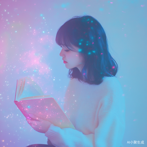 top view of A blurry woman reading a book, set against a pink and blue gradient background, There are stars，in the style of Rinko Kawauchi.