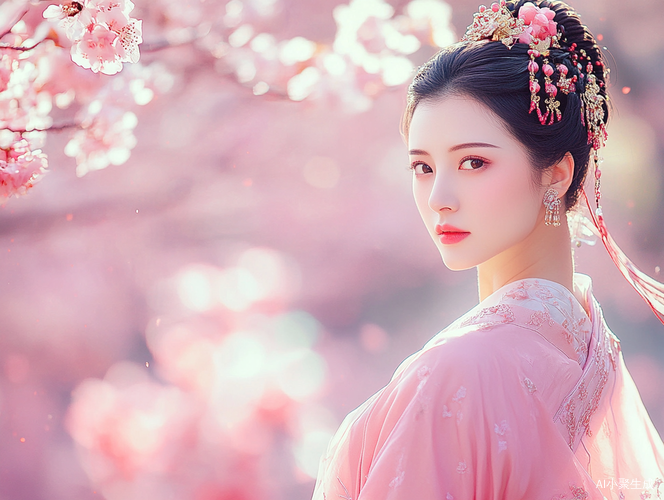 一个唐代美女，穿粉色薄纱裙，柔光唯美