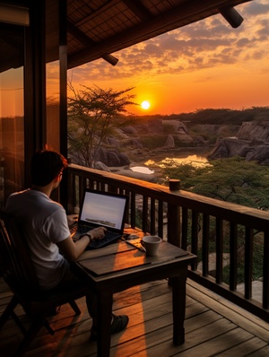 a man taking a picture of the sunset while sitting on the deck , in the style of Chinese - style landscapes , mir ror rooms ,32k uhd , kan ō school , webcam photograph y , western zhou dynasty , cottagepunk