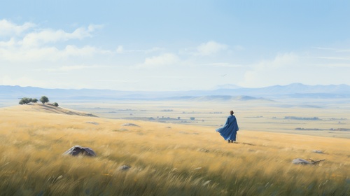 Vast grassland transitioning from foreground to midground. Foreground: a swordsman in a blue robe, facing away, standing still in contemplation or waiting, mysterious and solitary with the breeze playfully lifting his robe. Midground: a child in blue attire running swiftly from west to east, leaving a near-phantom trail, with a resolute and determined expression, chasing something significant. The scene is dynamic, dramatic, and profound, in the style of a Hayao Miyazaki animation