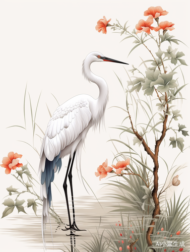 仙鹤神针：中国古风瓷板花鸟插画