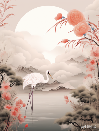 仙鹤神针：中国古风瓷板花鸟插画