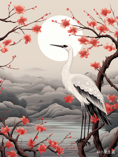 仙鹤神针：中国古风瓷板花鸟插画