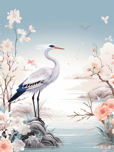 仙鹤神针：中国古风瓷板花鸟插画