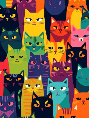 mcute colorful stylized cats pattern,vector flat colors,libe drawing,cats facing the viewer,various breeds and colorsar3:4stylize250