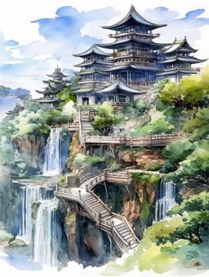 夏天咒语:Watercolor painting of ancient Chinese architecture, temple waterfall, realistic fantasy art style, anti-gravity architectural style, majestic, ultra-detailed rendering of mountain scenery, high detail, high definition, illustration, white background, extreme close-up perspective, birds flying in the sky,There are many, many buildings, including palaces, with super high details. In summer, there are lotus flowers and sunflowers ar 3:4 niji 5